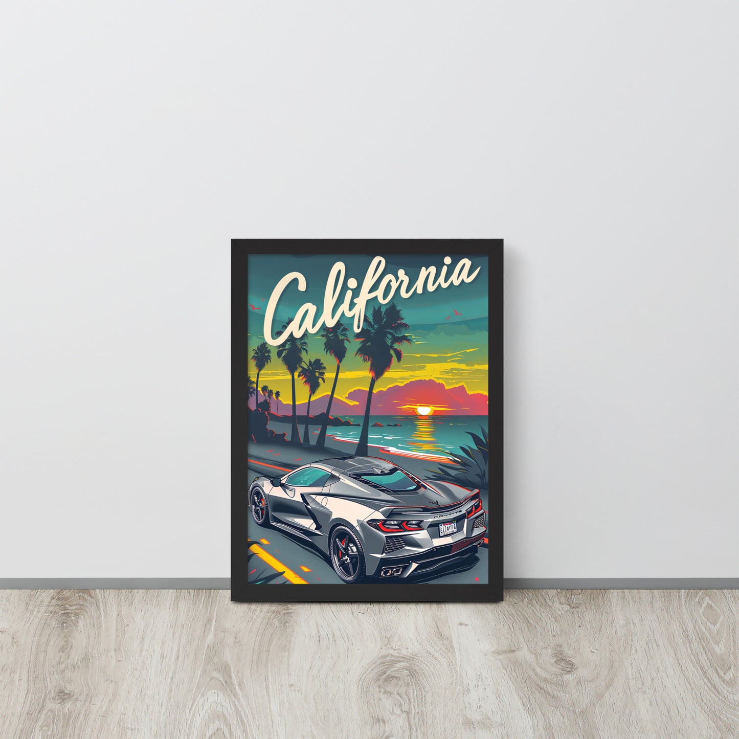 California Dreaming: Retro Silver C8 Corvette (Framed Poster)