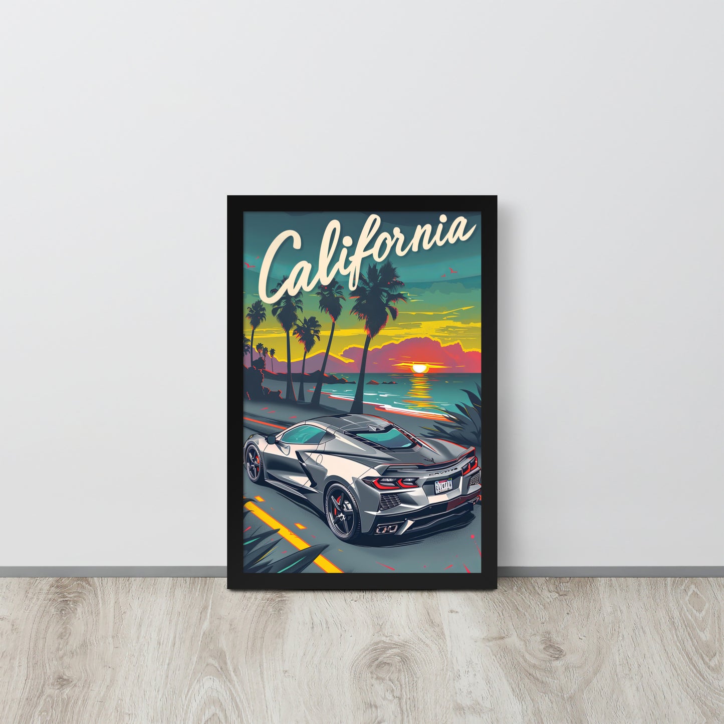 California Dreaming: Retro Silver C8 Corvette (Framed Poster)