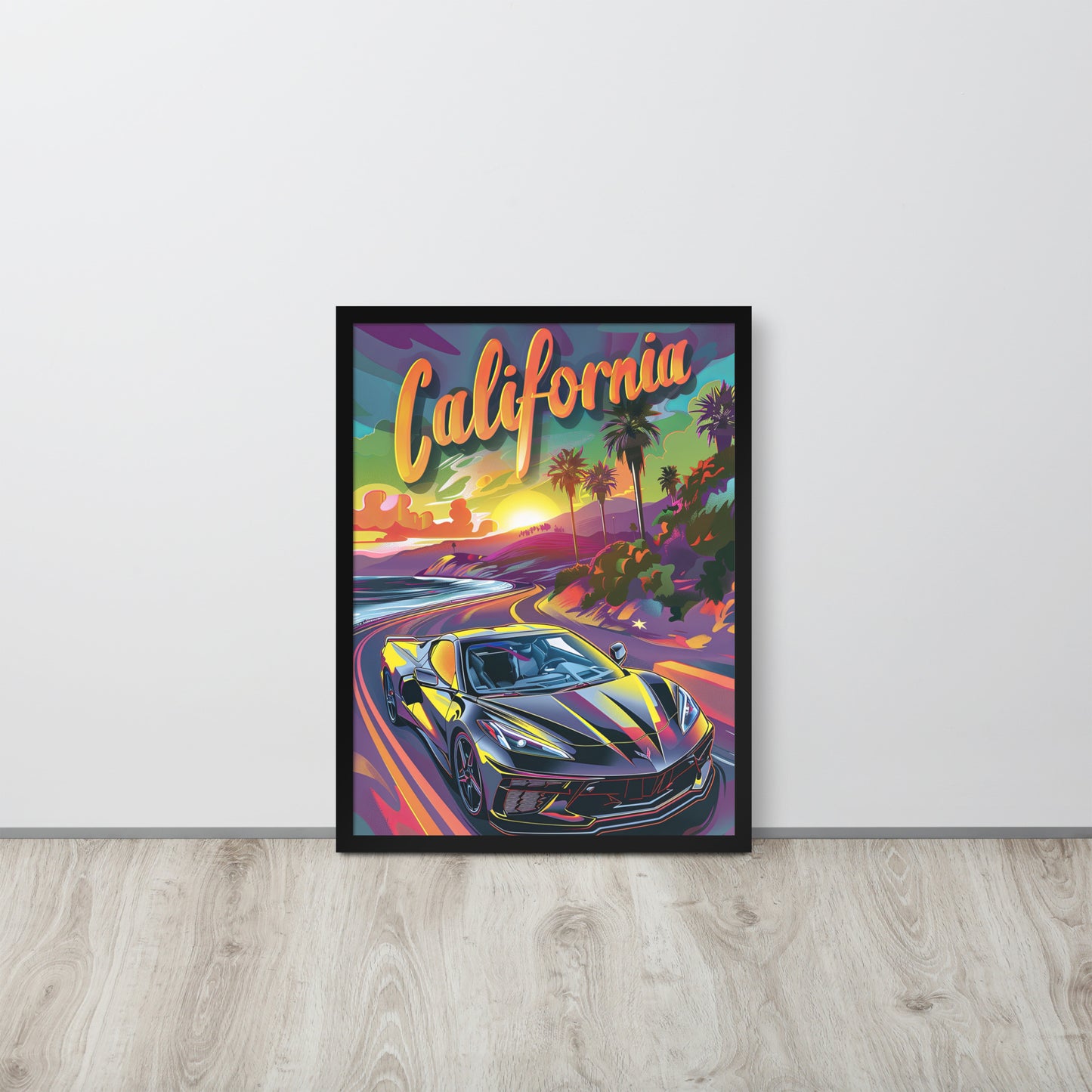 California Dreaming: Retro Black C8 Corvette (Framed Poster)