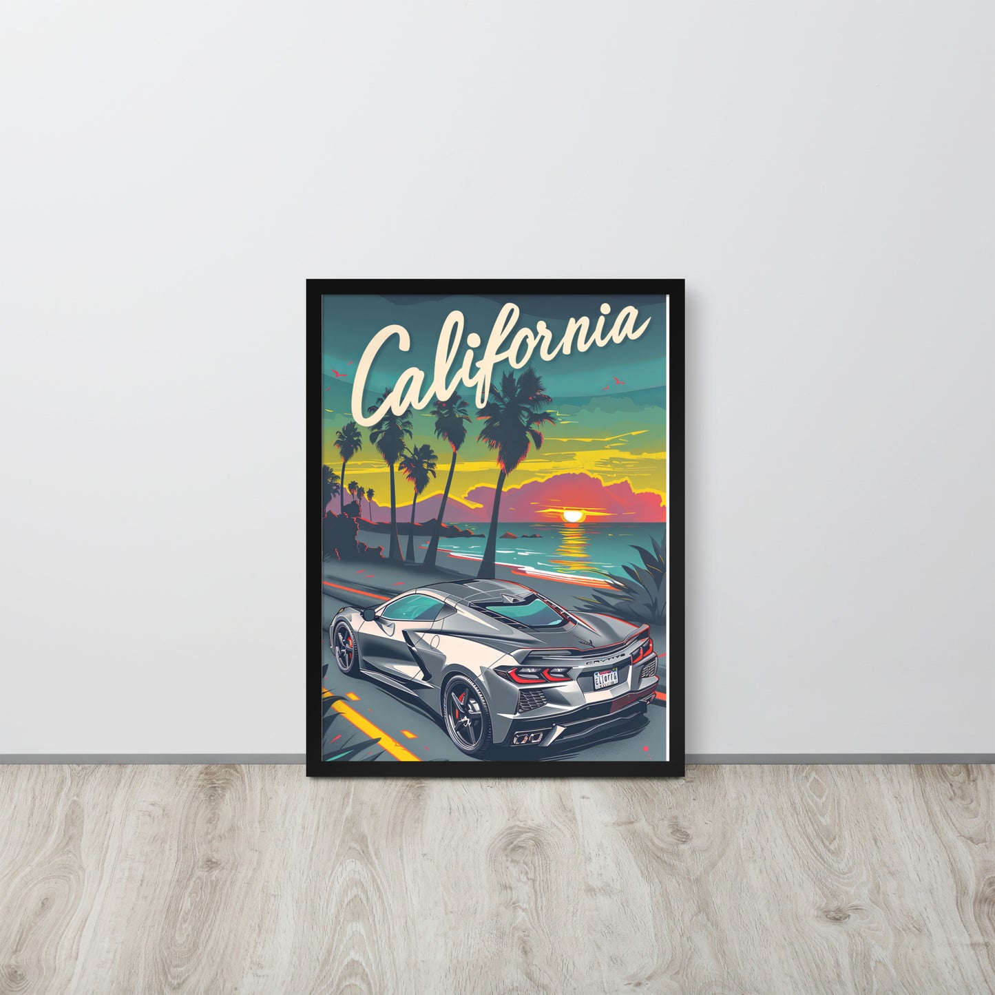 California Dreaming: Retro Silver C8 Corvette (Framed Poster)