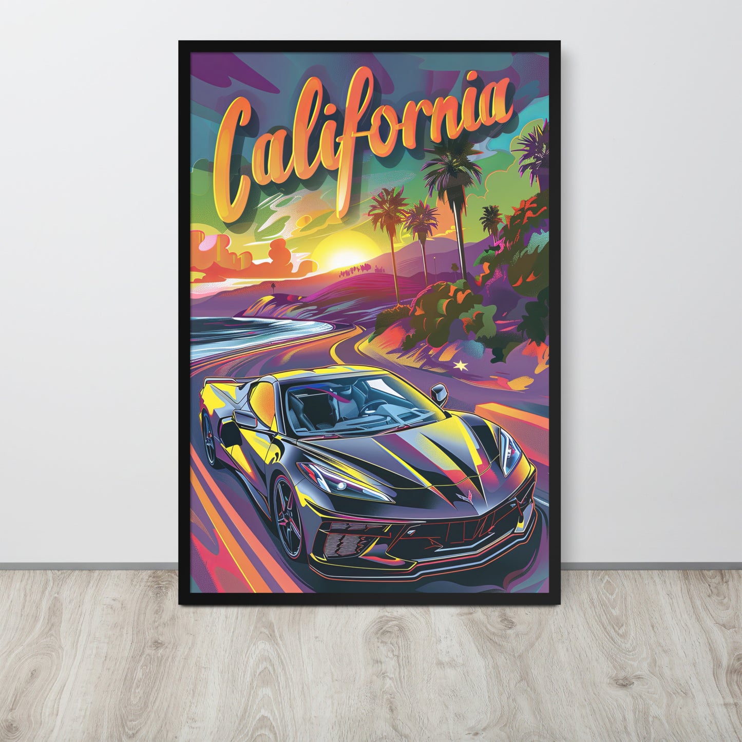 California Dreaming: Retro Black C8 Corvette (Framed Poster)