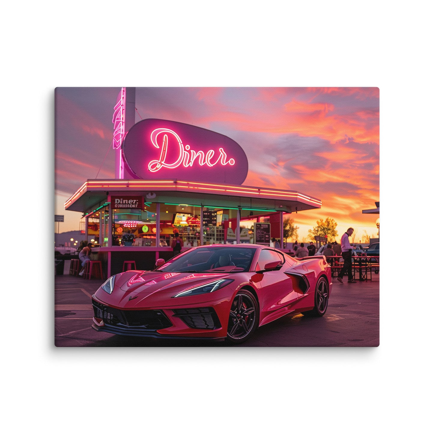 Neon Nights: Red 2023 C8 Corvette at the Classic Diner (Canvas)