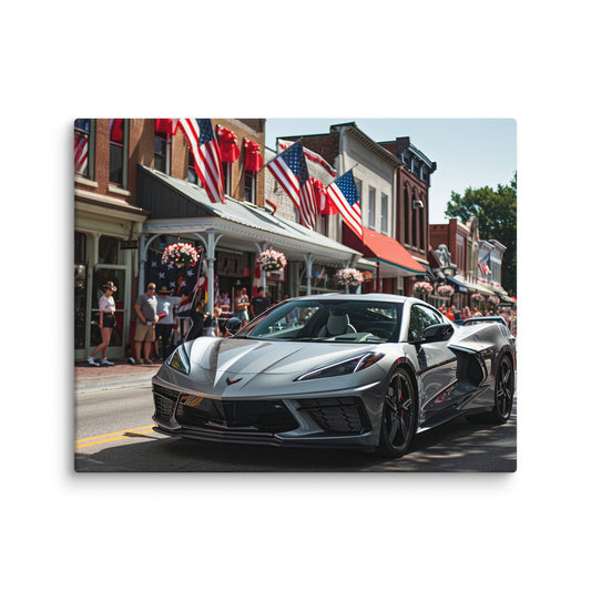 Patriotic Parade: Silver C8 Corvette on Main Street (Canvas)