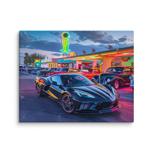 Route 66 Revival: Black C8 Corvette at the Vintage Motel (Canvas)
