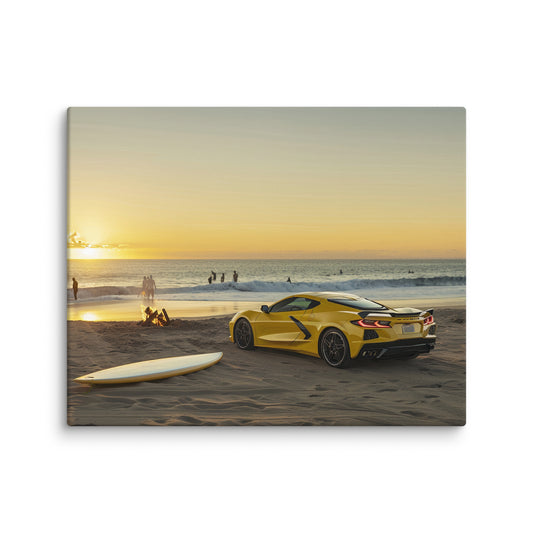 Beachfront Sunrise: Yellow C8 Corvette (Canvas)