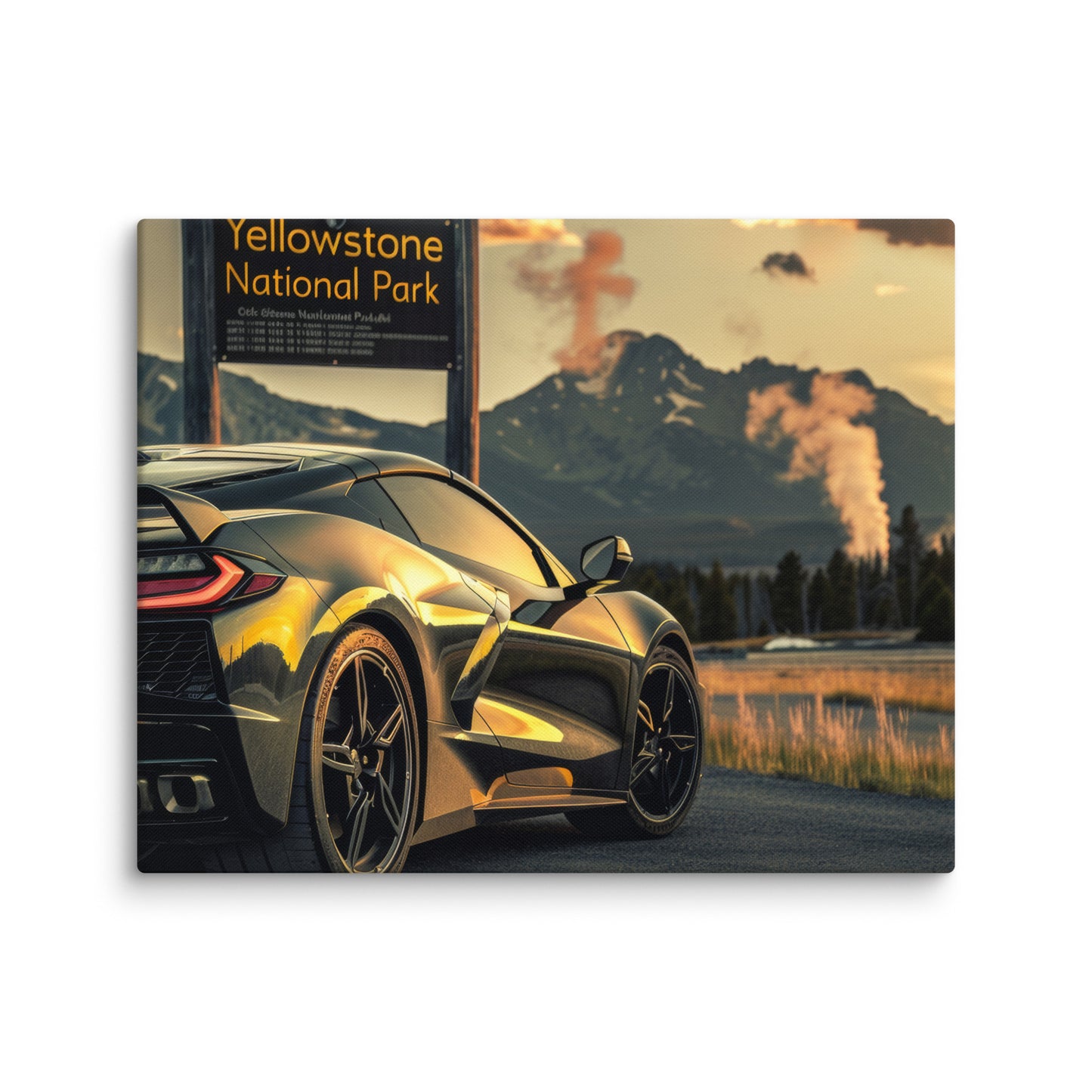 Geyser Glory: Black C8 Corvette at Yellowstone  (Canvas)