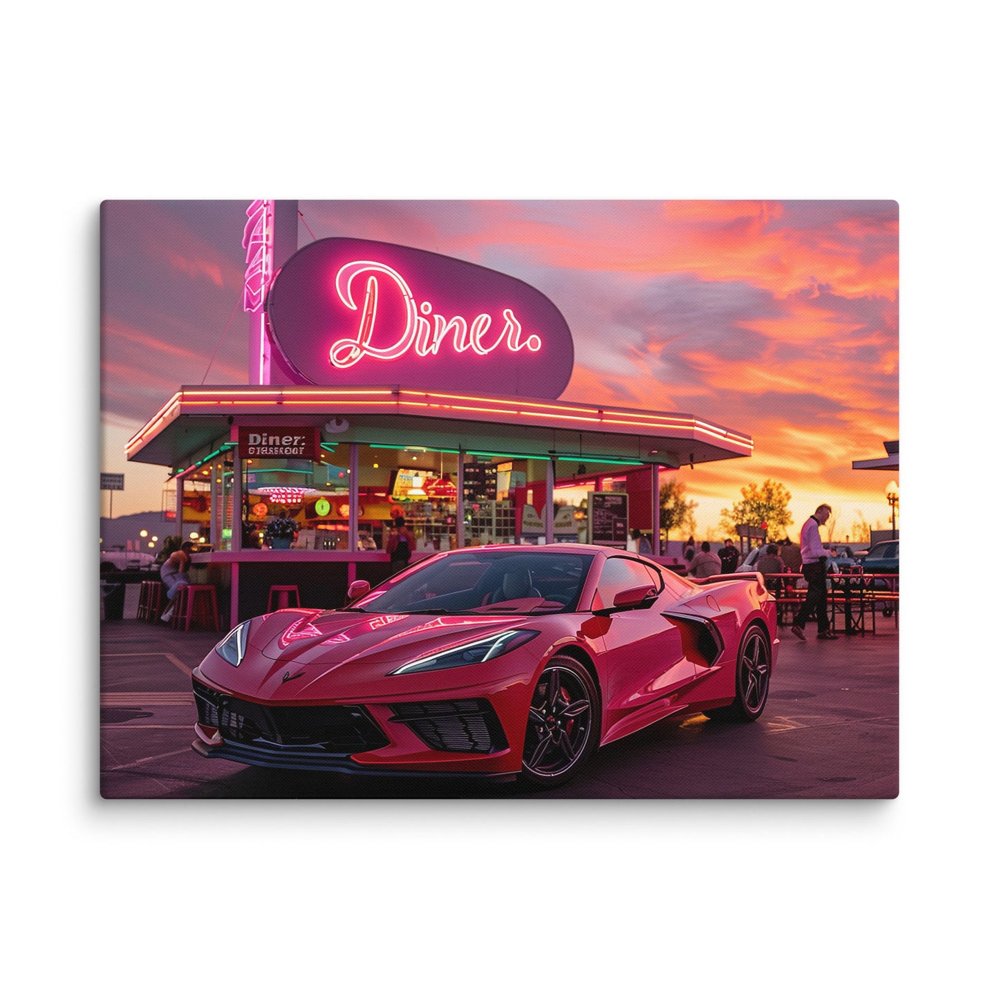 Neon Nights: Red 2023 C8 Corvette at the Classic Diner (Canvas)