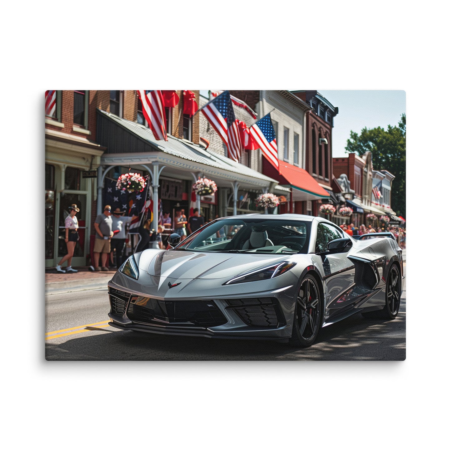 Patriotic Parade: Silver C8 Corvette on Main Street (Canvas)