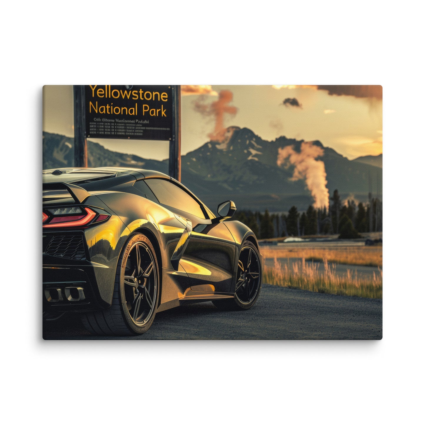 Geyser Glory: Black C8 Corvette at Yellowstone  (Canvas)