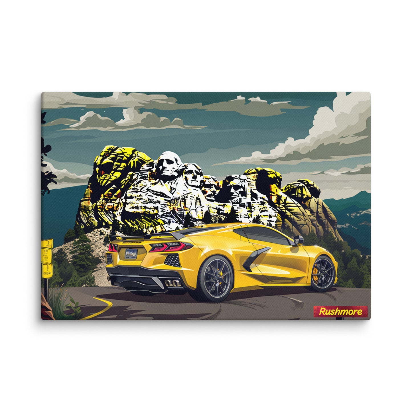 Presidential Power: Yellow C8 Corvette at Mount Rushmore (Canvas)