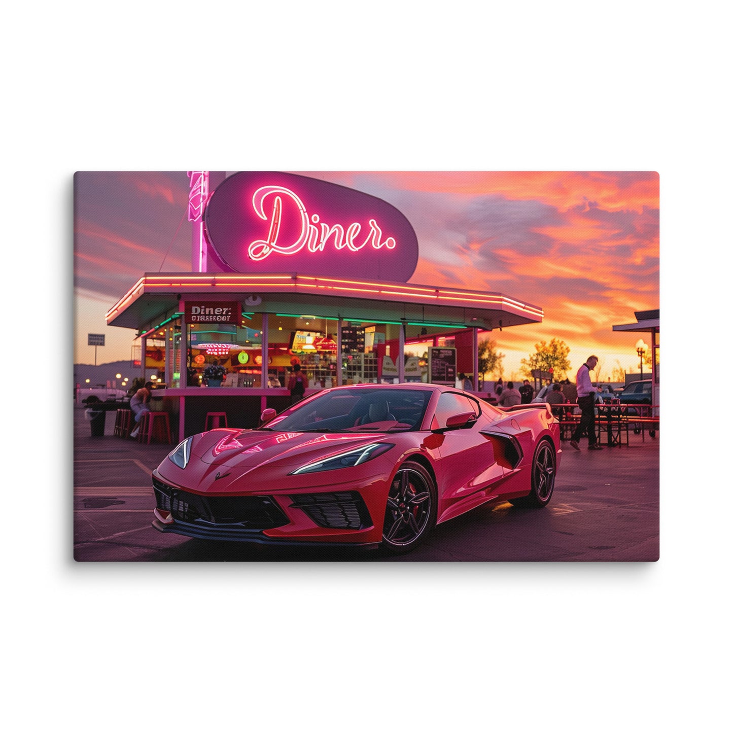 Neon Nights: Red 2023 C8 Corvette at the Classic Diner (Canvas)