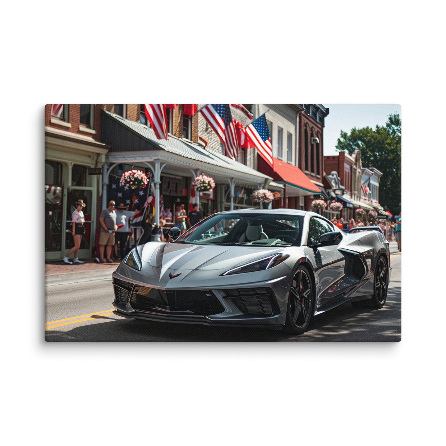 Patriotic Parade: Silver C8 Corvette on Main Street (Canvas)