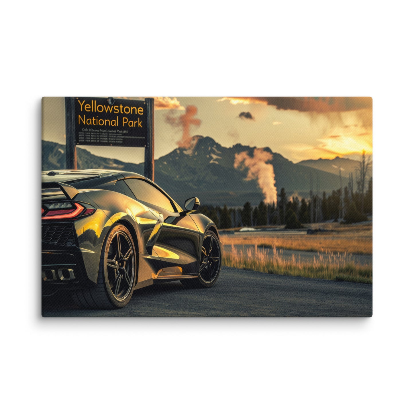 Geyser Glory: Black C8 Corvette at Yellowstone  (Canvas)