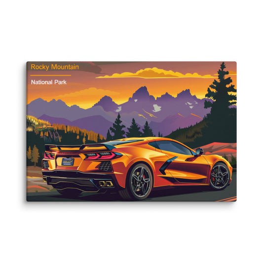 Rocky Mountain Glory: Red C8 Corvette at Sunrise (Canvas)