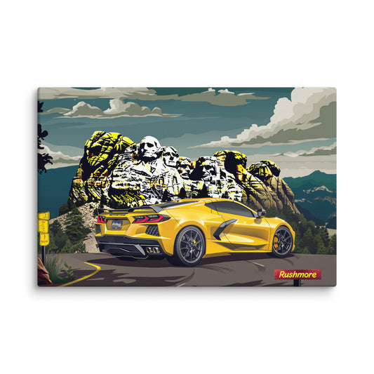 Presidential Power: Yellow C8 Corvette at Mount Rushmore (Canvas)