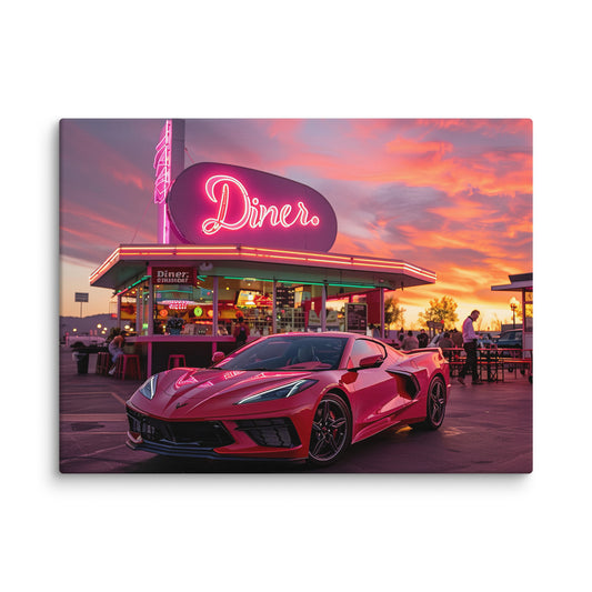 Neon Nights: Red 2023 C8 Corvette at the Classic Diner (Canvas)
