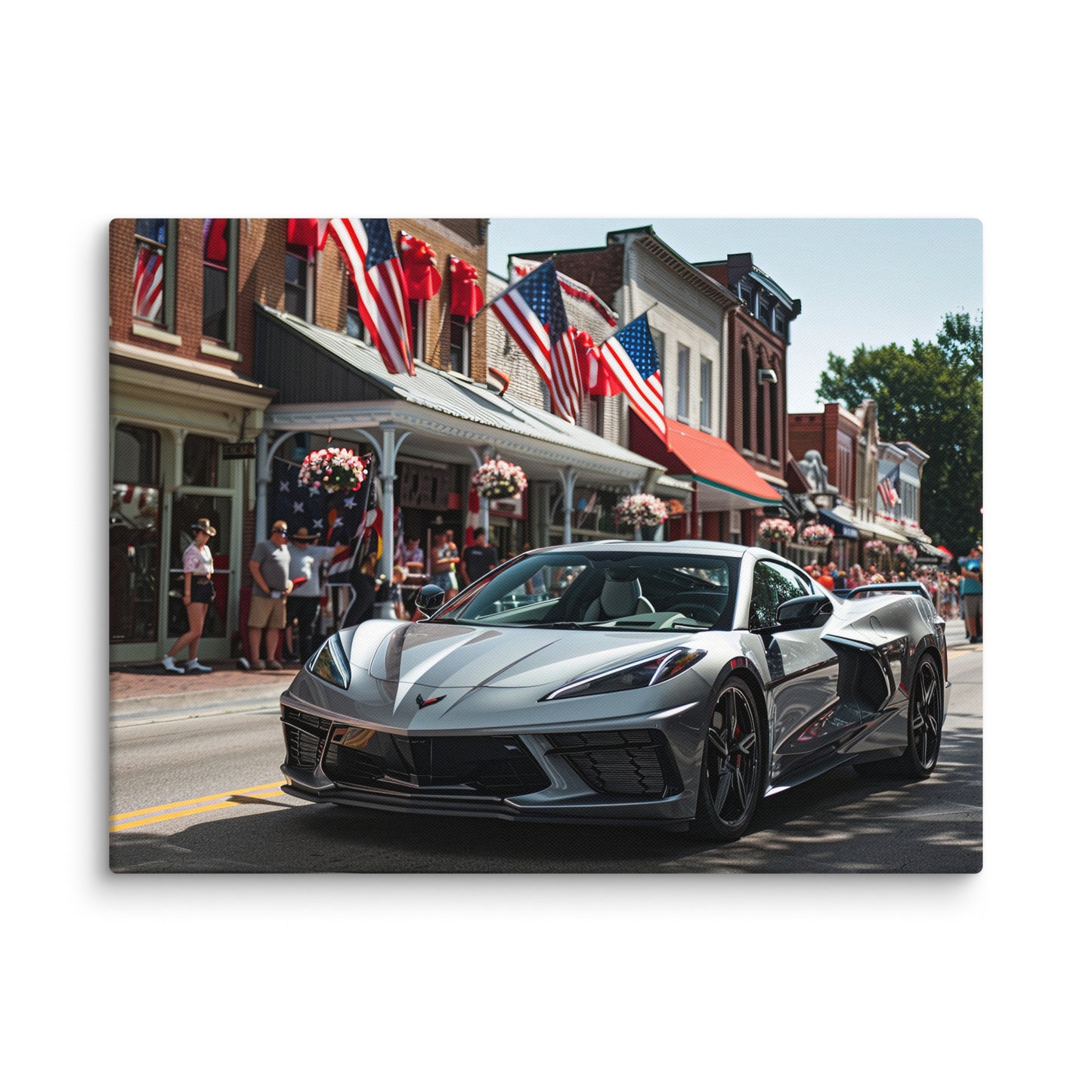 Patriotic Parade: Silver C8 Corvette on Main Street (Canvas)