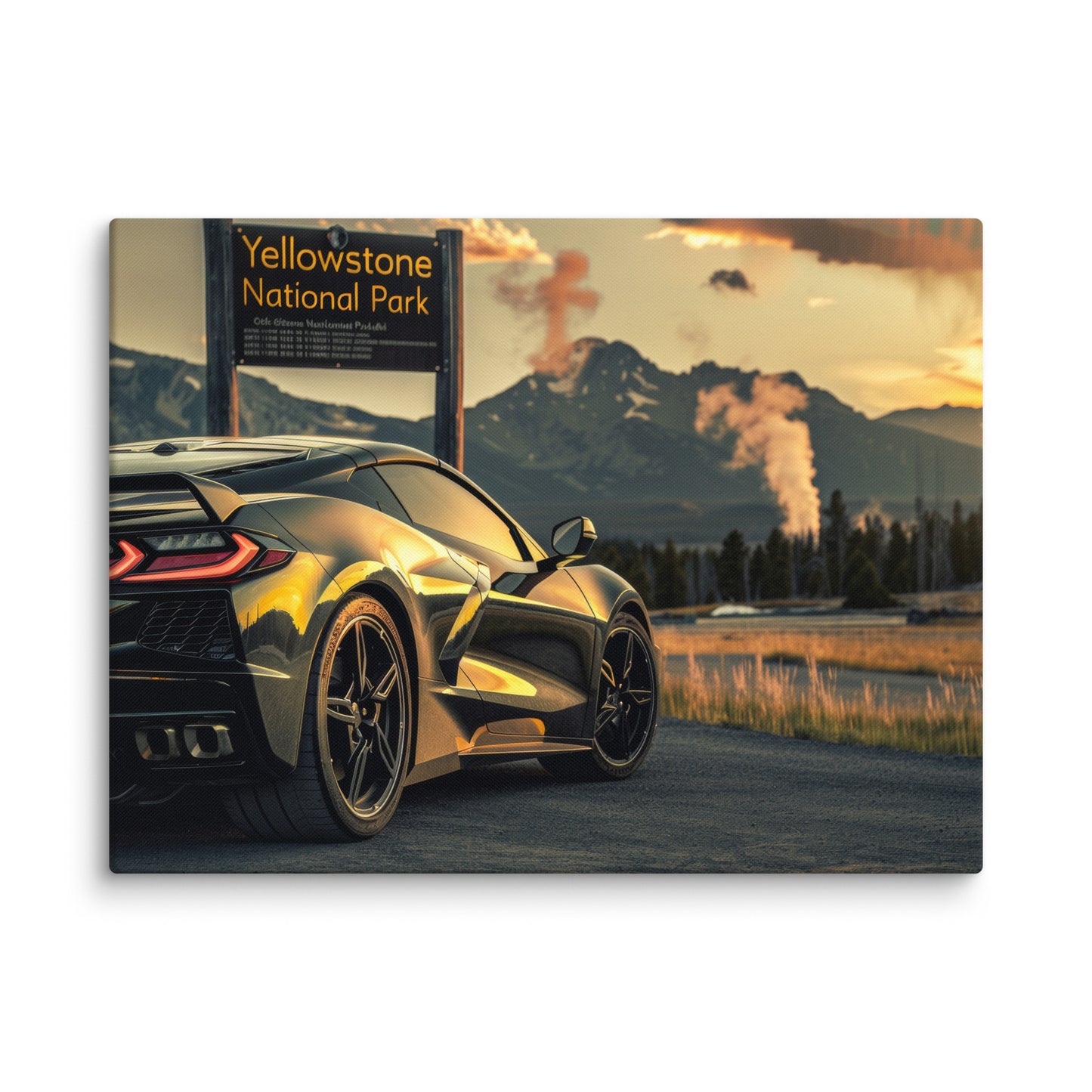 Geyser Glory: Black C8 Corvette at Yellowstone  (Canvas)