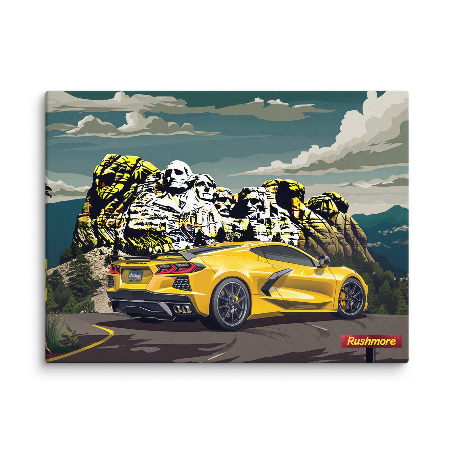 Presidential Power: Yellow C8 Corvette at Mount Rushmore (Canvas)