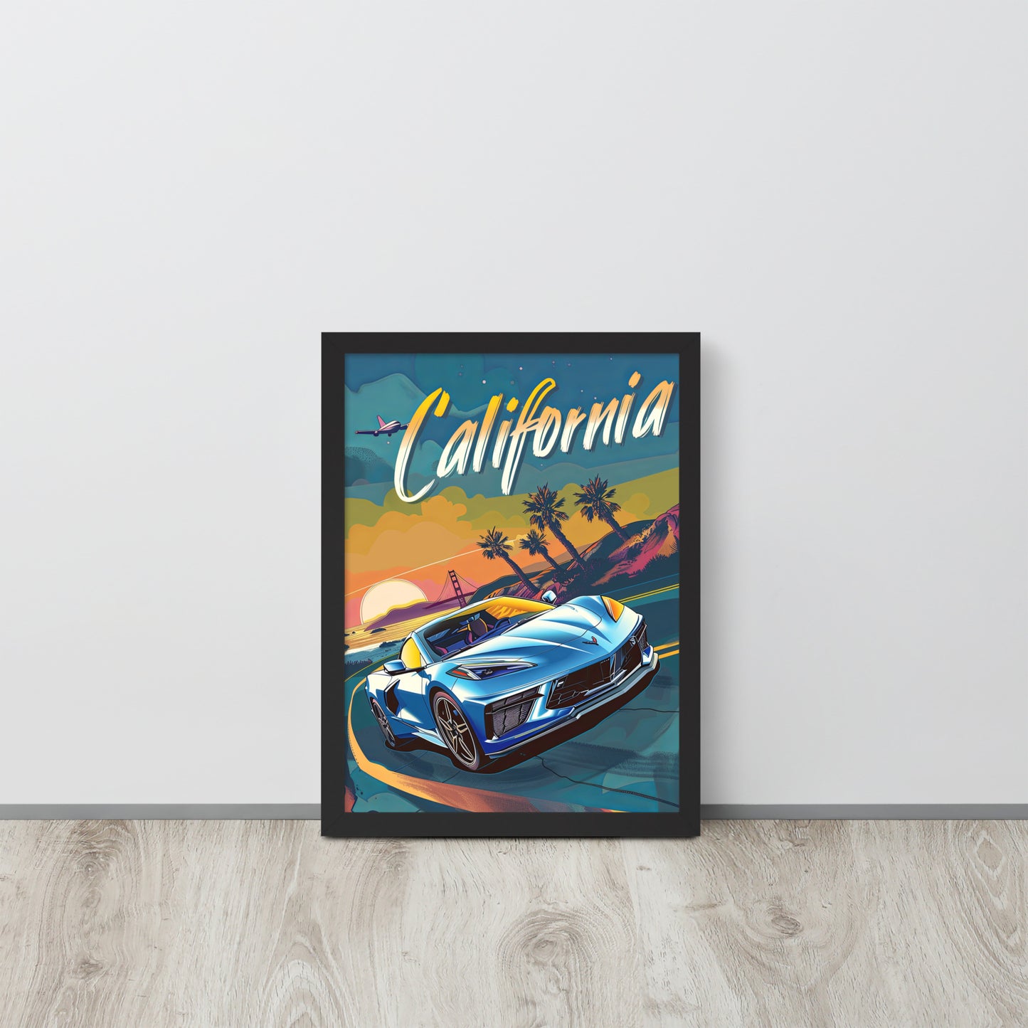 California Dreaming: Retro Blue C8 Corvette (Framed Poster)