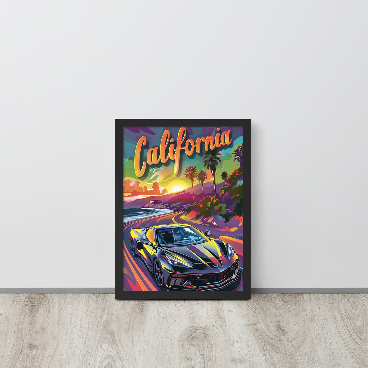 California Dreaming: Retro Black C8 Corvette (Framed Poster)