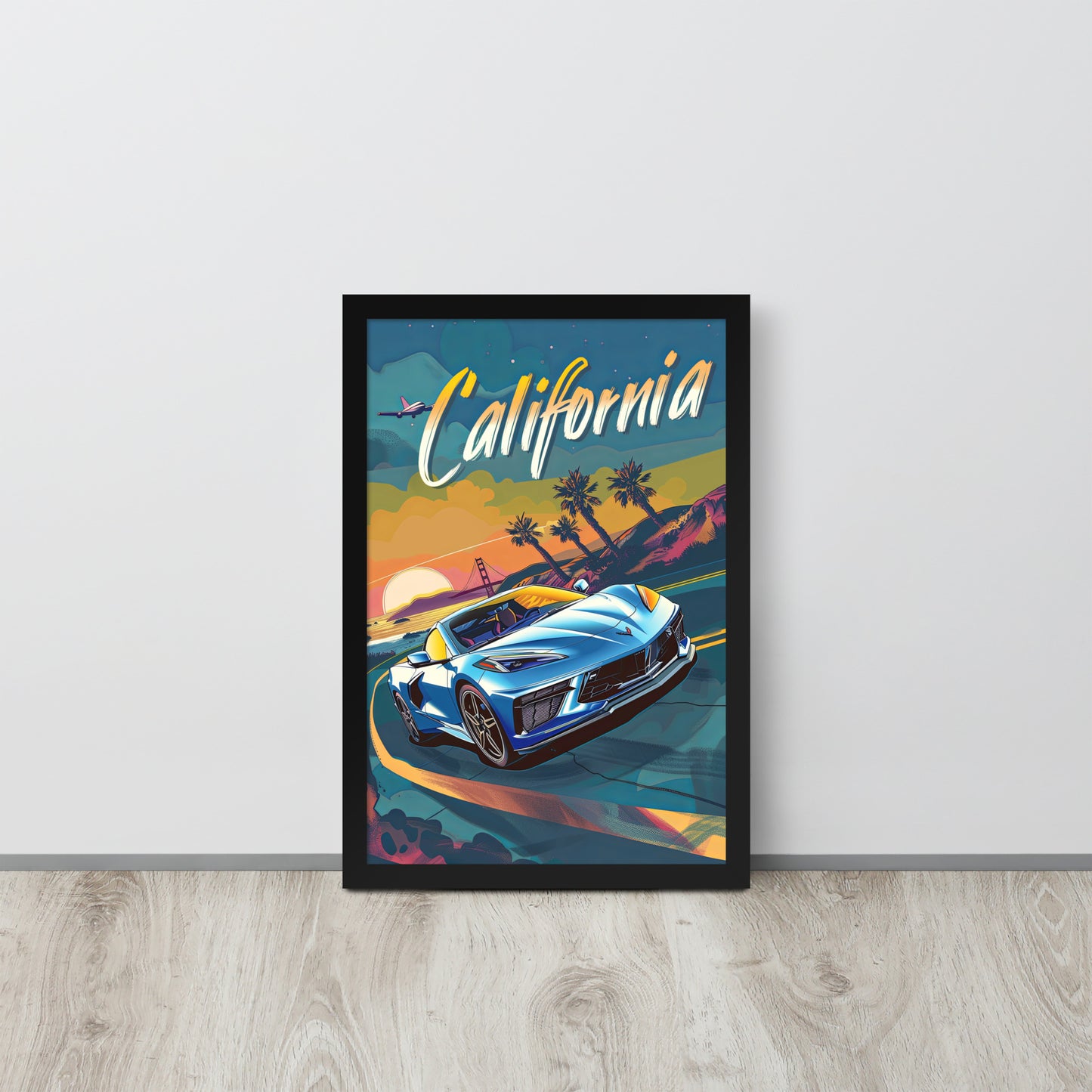 California Dreaming: Retro Blue C8 Corvette (Framed Poster)