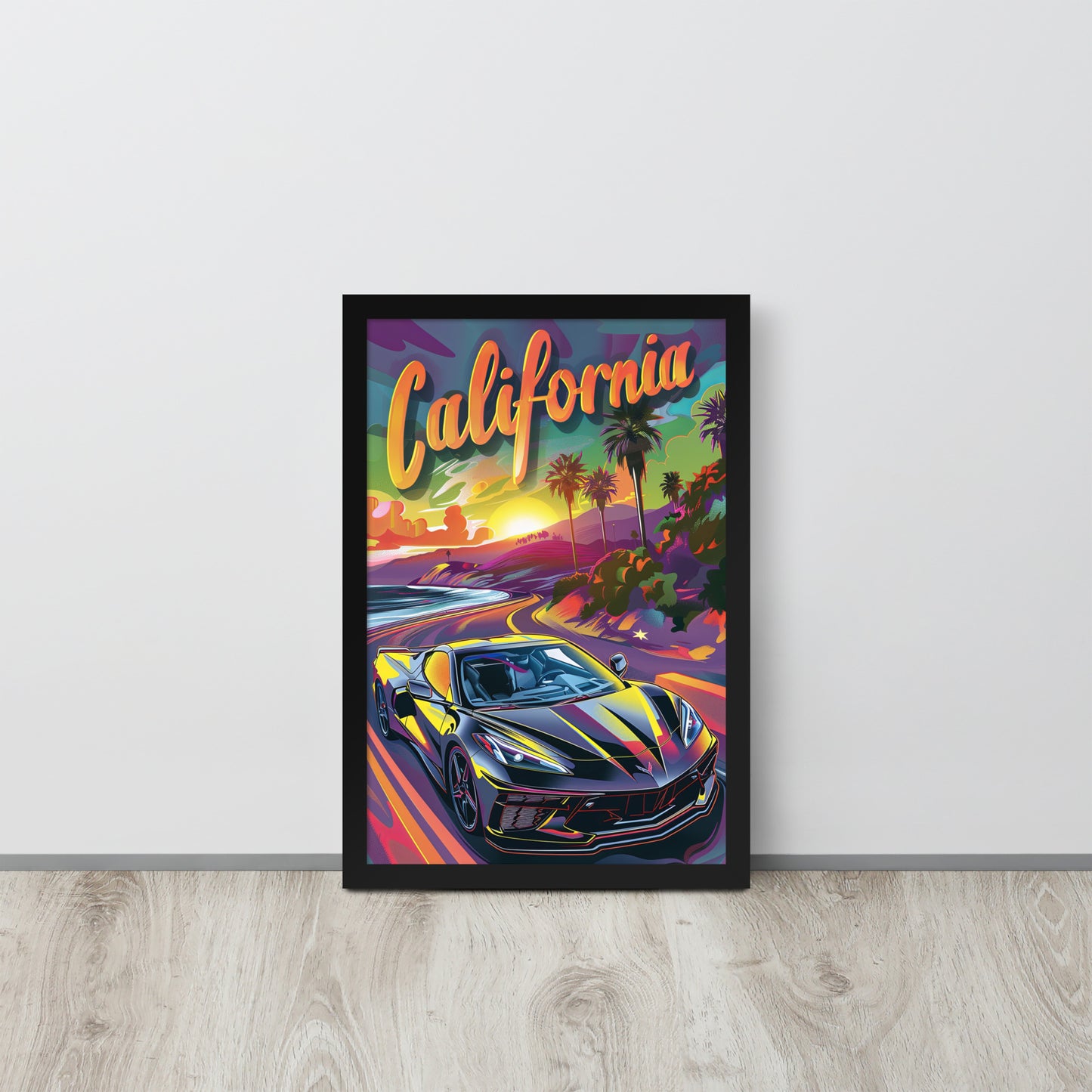 California Dreaming: Retro Black C8 Corvette (Framed Poster)