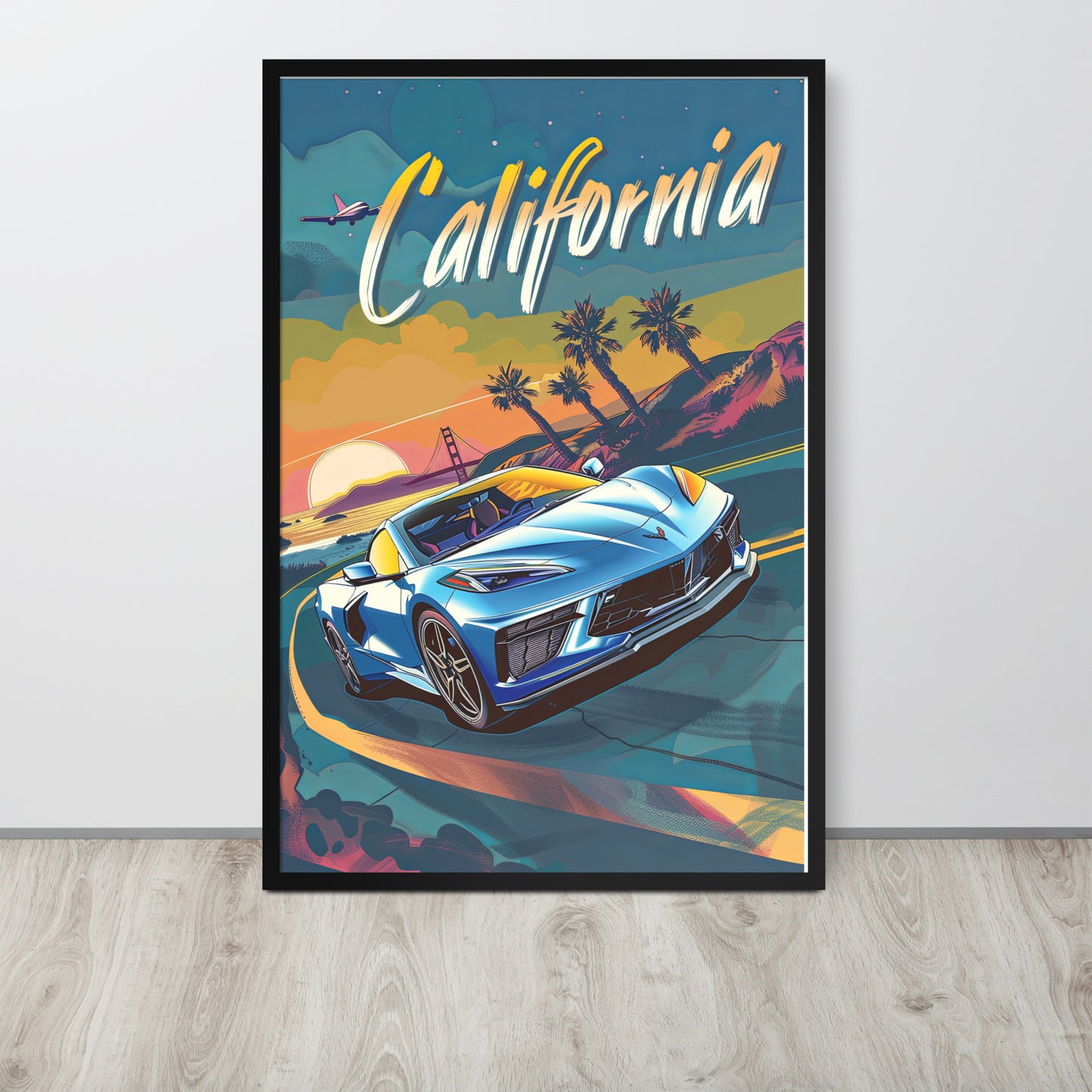 California Dreaming: Retro Blue C8 Corvette (Framed Poster)