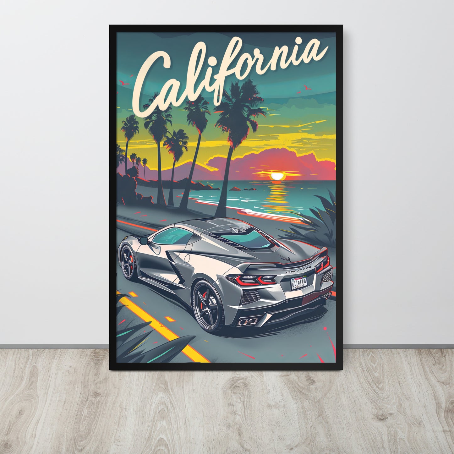 California Dreaming: Retro Silver C8 Corvette (Framed Poster)